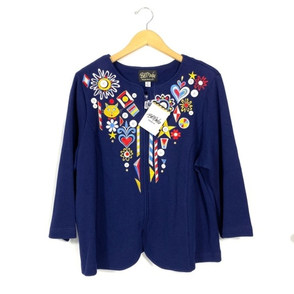 Bob Mackie Womens Cat Cardigan Sweater Cadigan Navy Size 1X Full Zip Casual Boho - Picture 1 of 13